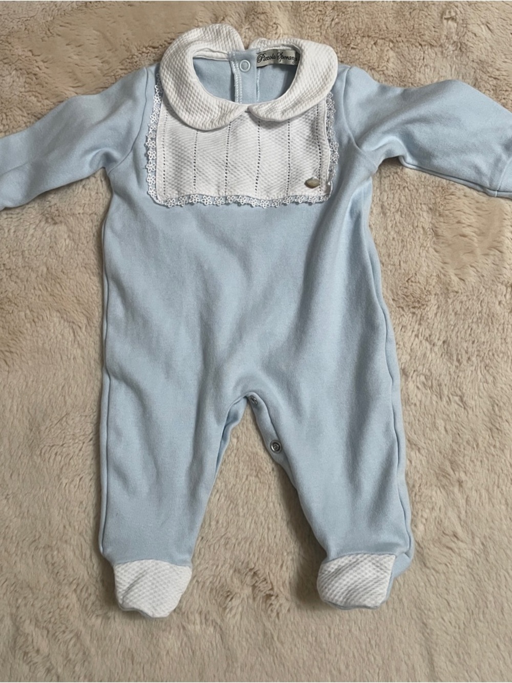 Piccola Speranza Pale Blue Footed One-Piece with White Bib Collar